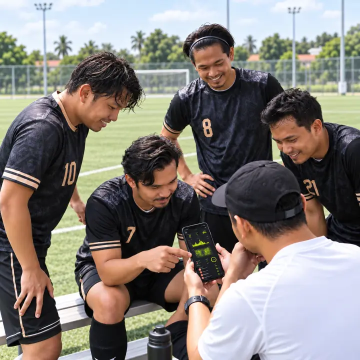 Four teammates on a pitchside bench smile at a phone after the match