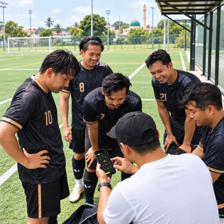 A player kneels to tie his boots while a teammate waits beside him on a floodlit pitch